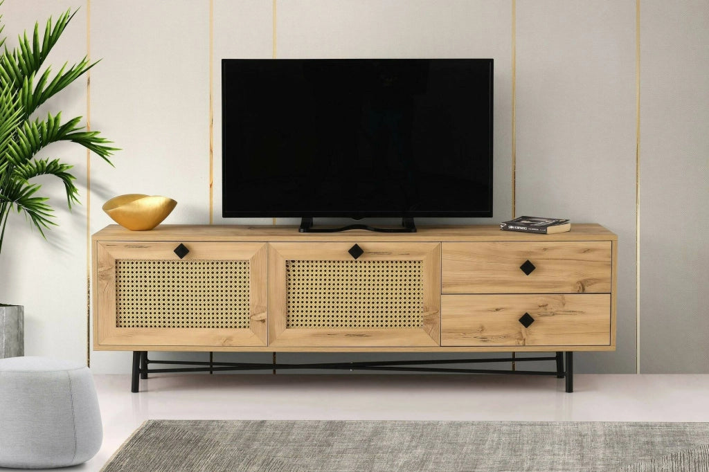 Mobile porta TV Apollinare, Credenza da soggiorno, Armadio basso per TV, Base parete attrezzata, 180x40h60 cm, Quercia e Nero