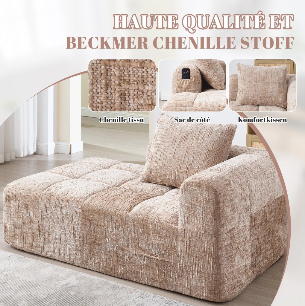 Chaise longue imbottita in chenille color khaki; 158 x 90 x 60 cm; con tasche laterali e cuscino
