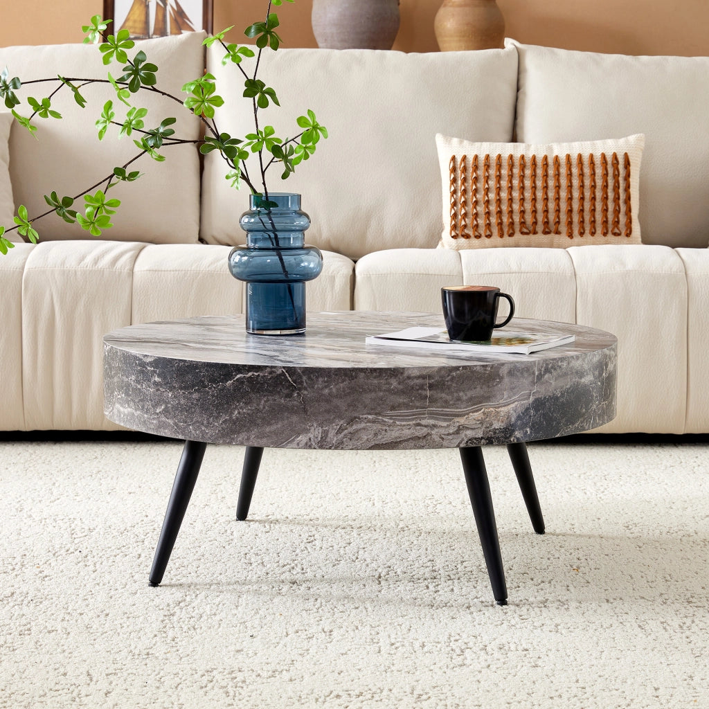 Tavolino da salotto rotondo con gambe in metallo; piano in MDF effetto marmo grigio; piedini regolabili e antiscivolo per soggiorno; 70 cm