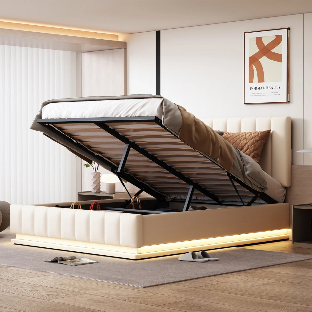 Letto Imbottito Contenitore 140x200 ¨C MINIMAL ¨C Bianco, LED, Testiera Regolabile, Idraulico