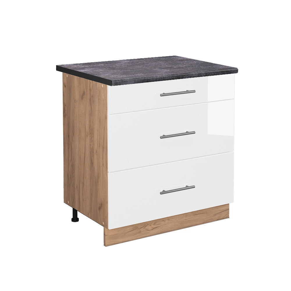 Mobiletto base per cucina Fame-Line Bianco lucido/Rovere dorato 80 cm con 3 cassetti, PL Antracite Vicco
