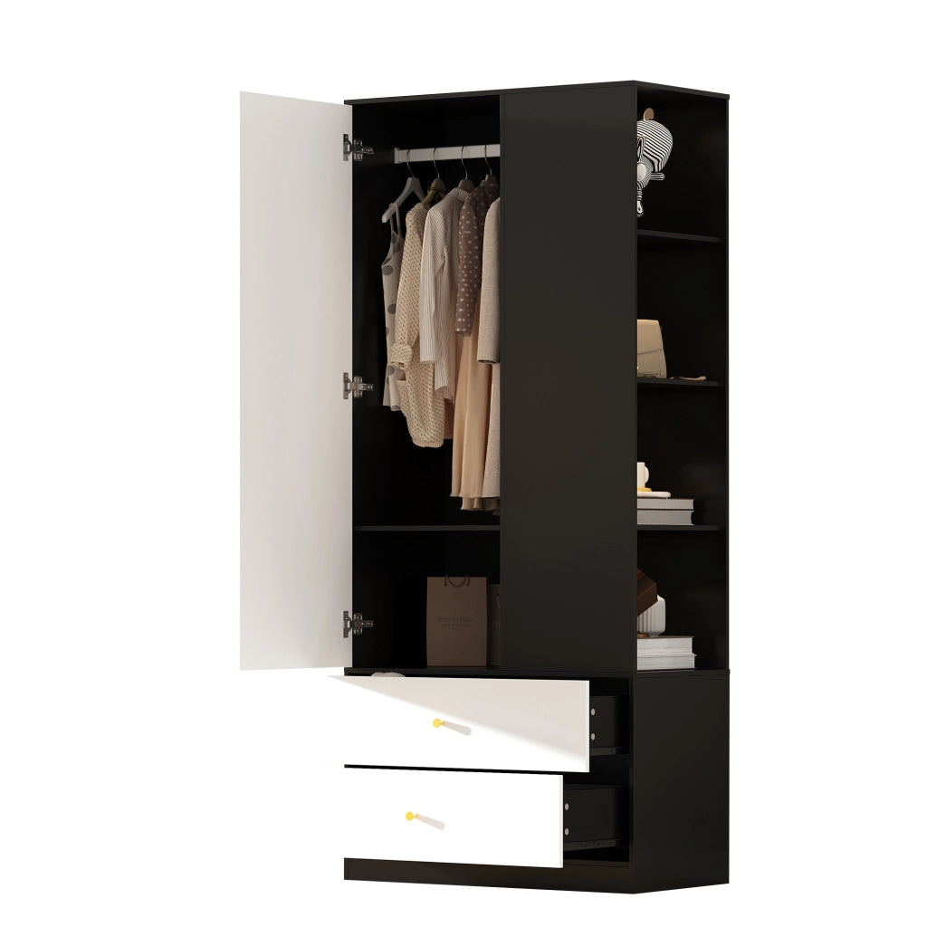 Armadio Guardaroba Bianco e Nero 80×40×180 cm con Specchio; 1 Anta; 2 Cassetti e 4 Ripiani