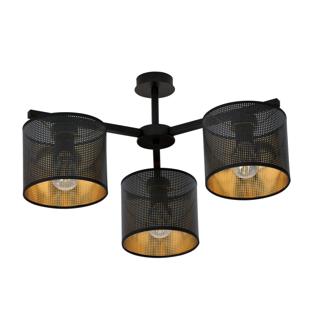 Plafoniera Industrial 3 Luci Cigno In Acciaio Nero E Paralumi A Cilindro Oro