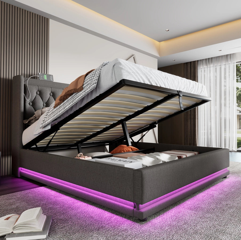 Letto contenitore ULEVR 140x200 cm con LED, USB e Type-C, testiera imbottita in cotone grigio