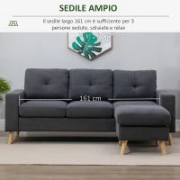 Divano Angolare 3 Posti, Divano ad Angolo con Penisola Reversibile 193x136x85 cm, Divanetto a L Convertibile Moderno con Cuscini Rimovibili in Tessuto Effetto Lino per Salotto e Soggiorno, Grigio