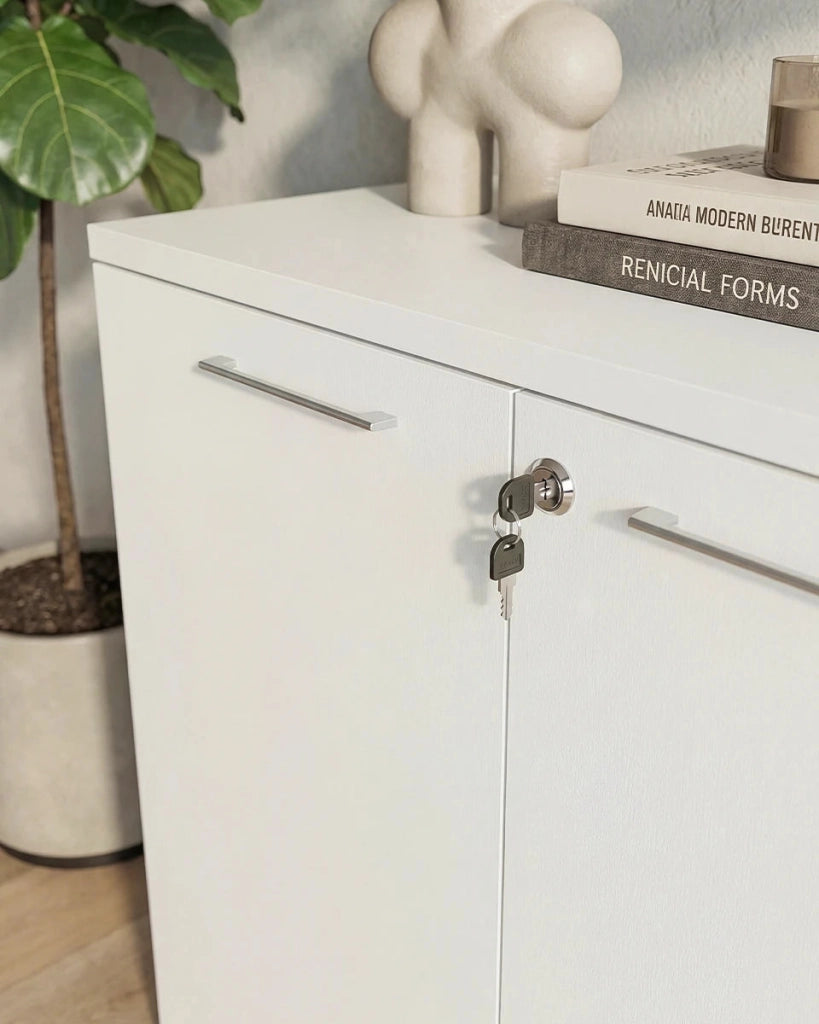Armadio ufficio Texas - Mobile archivio basso 2 ante con serratura - 1 mensola incluse - L. 90 x H. 83 x P. 42,5 cm – Bianco_