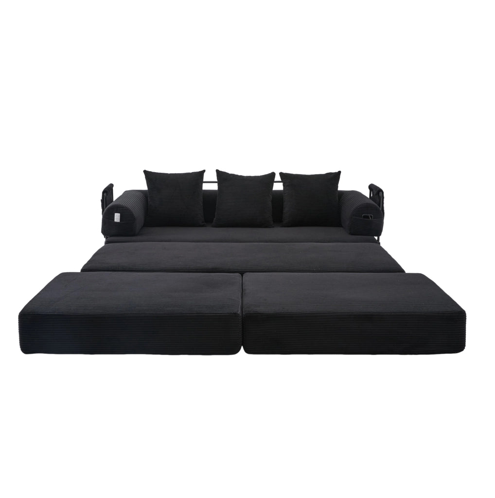 Divano modulare ULEVR 200x190 cm in velluto a coste nero con ottomana, tasca laterale e 3 cuscini