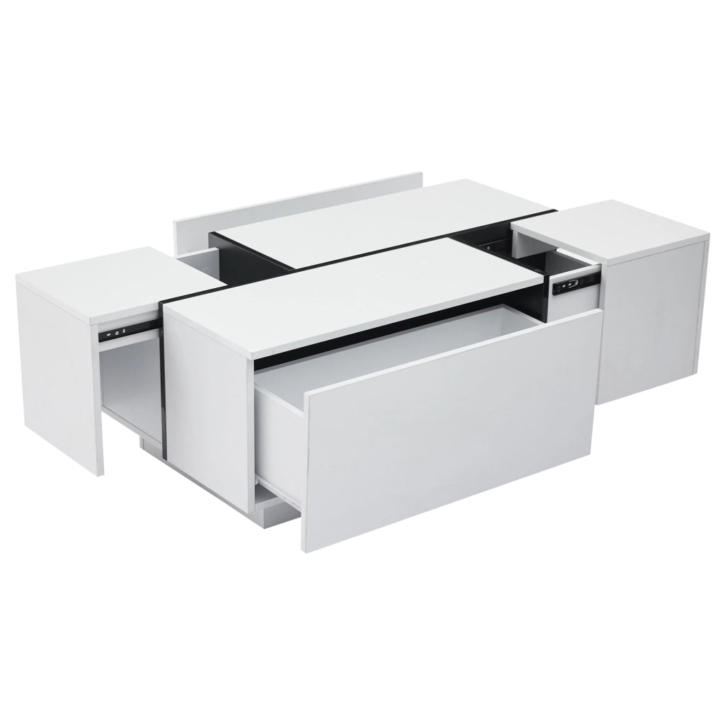 Tavolino da Salotto Quadrato con 4 Cassetti e Piano Scorrevole; Bianco Lucido; Stile Moderno; in Pannelli di Particelle; 100×60×40 cm; Bianco