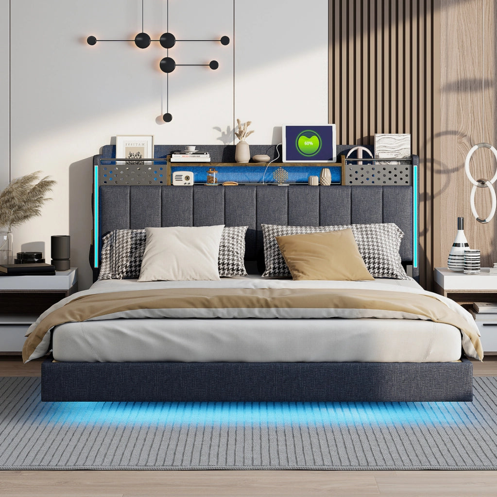 Letto imbottito 160x200 con LED, USB e testiera contenitore