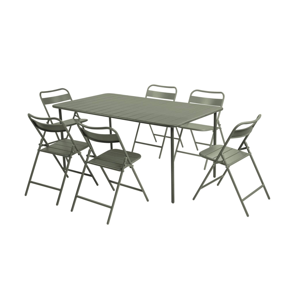 Set tavolo da giardino in acciaio con 6 sedie pieghevoli, 160cm, verde