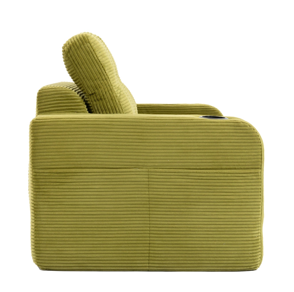 Sofa modulare a 2 posti in tessuto corduroy verde oliva; 136x80x82;5 cm; con tasche laterali e portabicchieri