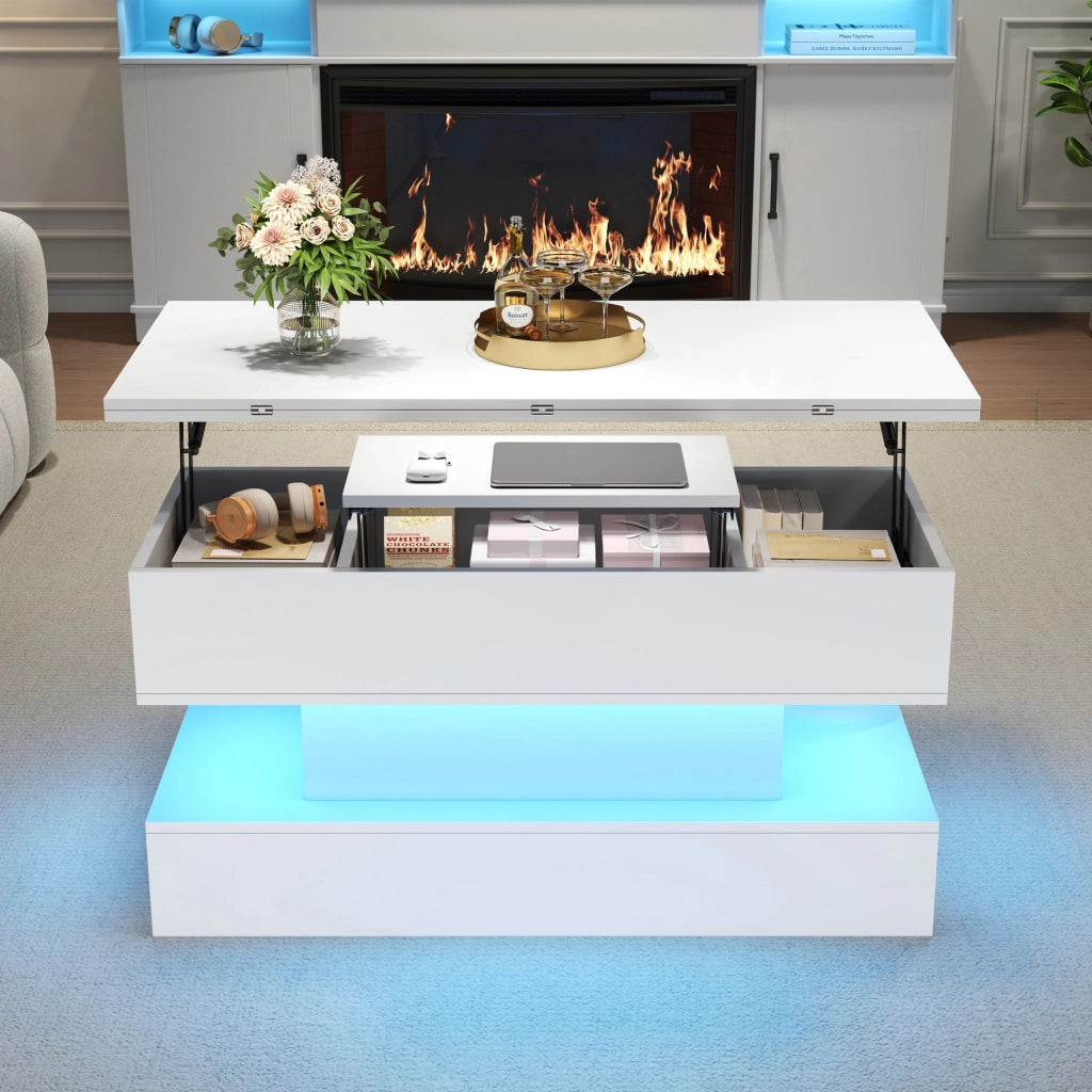 Tavolino regolabile in altezza, con presa di corrente e luci a LED, 100x50x51,5 cm, bianco
