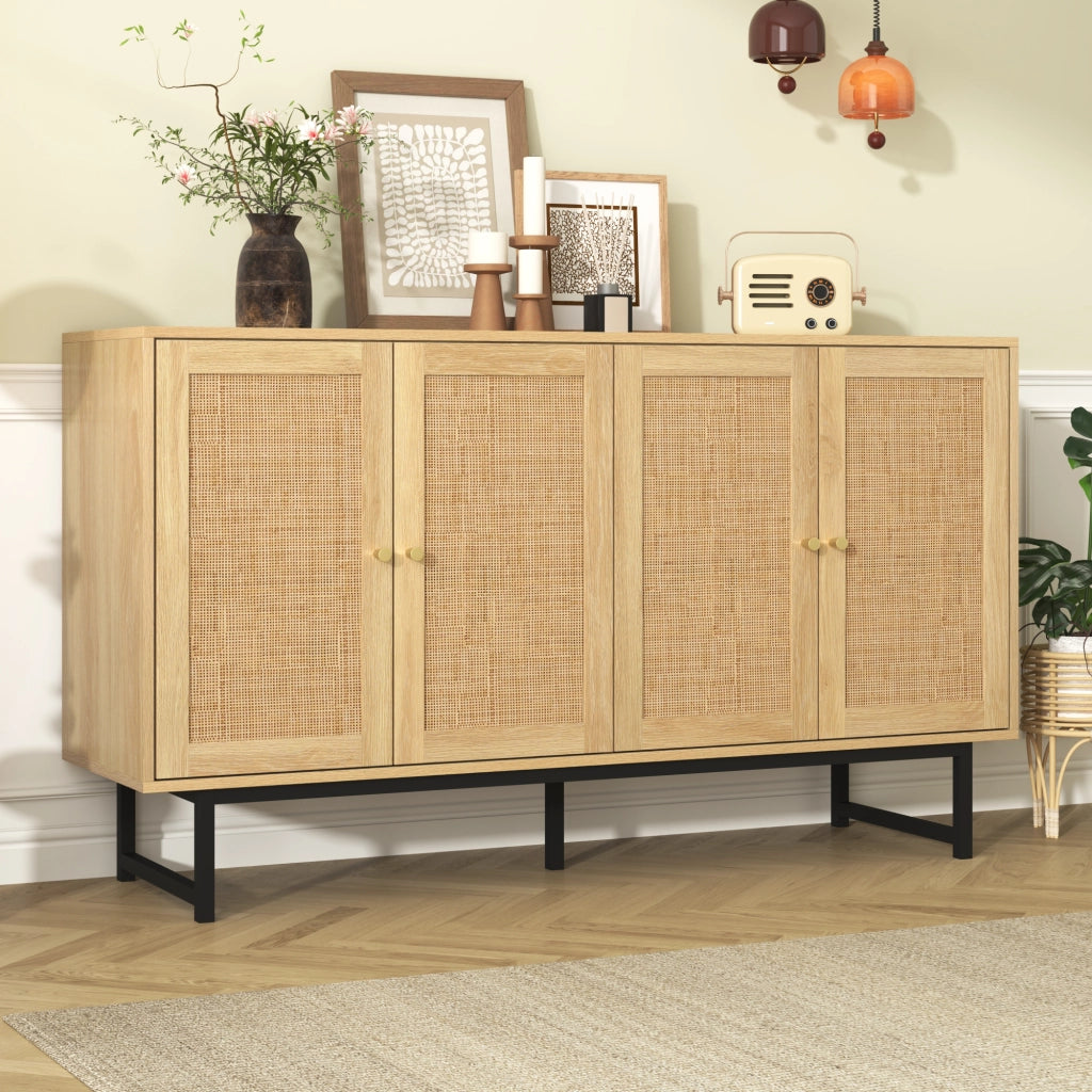 Madia con 4 Ante e Ripiani Regolabili; Rattan Naturale; Stile Moderno; in Pannello Truciolare; 140??39;5??80 cm; Legno