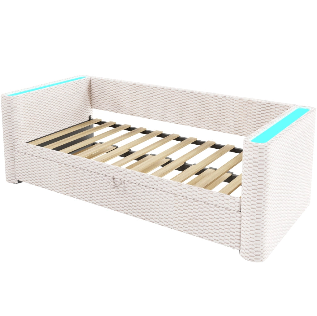 Divano letto 90x200 cm con LED e design estraibile in velluto beige