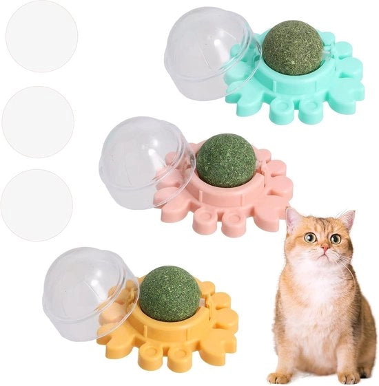 Tandenastricciolatrice interattiva per gatti, 3 pezzi, rotanti, colore rossastro, verde e giallo.