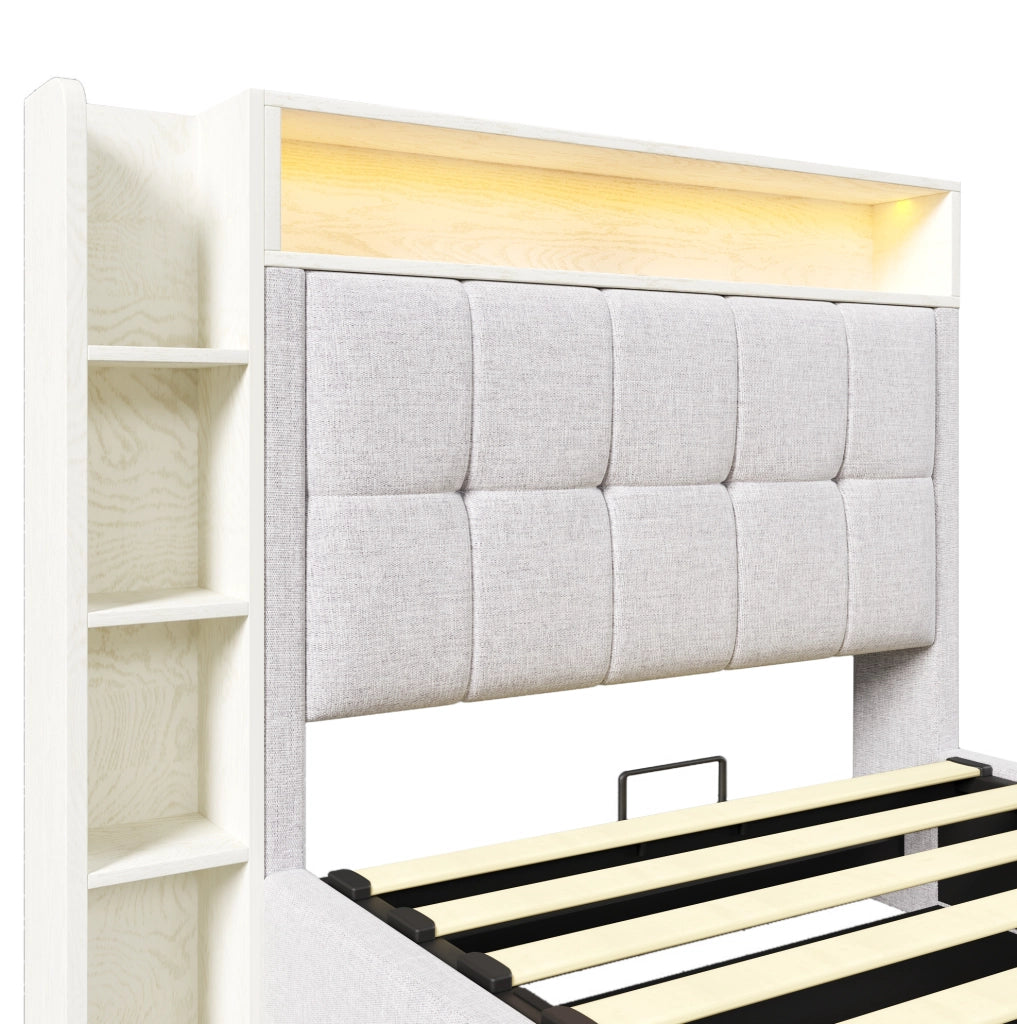Letto matrimoniale 90x200 cm senza materasso con contenitore idraulico; LED; USB e Type-C; beige