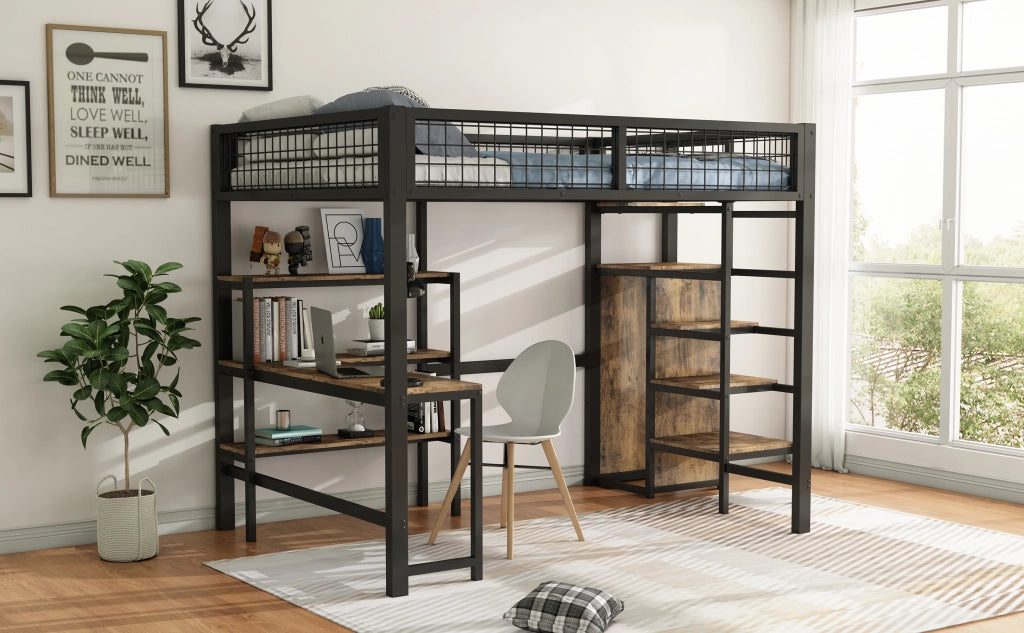 DESMIU Letto a soppalco matrimoniale con scrivania, scaffali e armadio, 140 × 200 cm, senza materasso