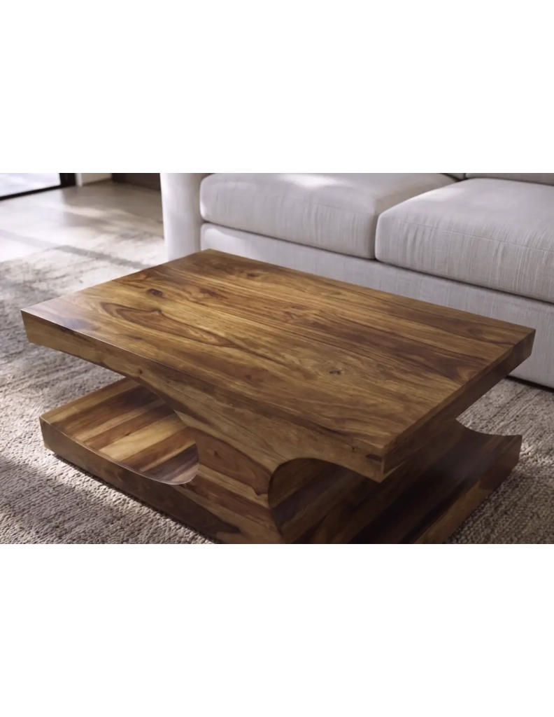 Tavolino basso NOMA 105 cm in legno massello di Sheesham verniciato con nicchie arrotondate