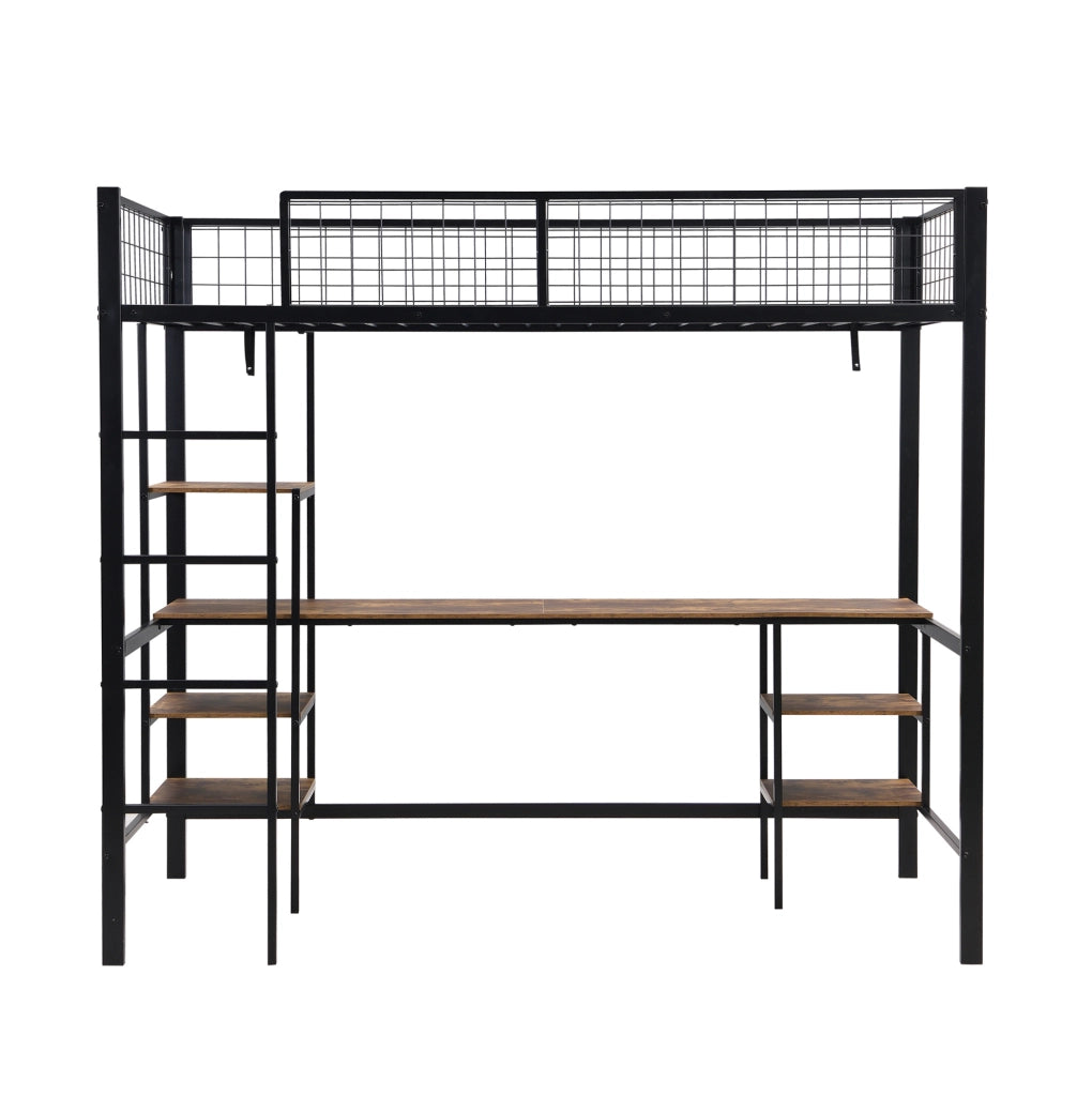 Letto a castello con scrivania e scaffali; 90x200 cm; metallo e legno; nero