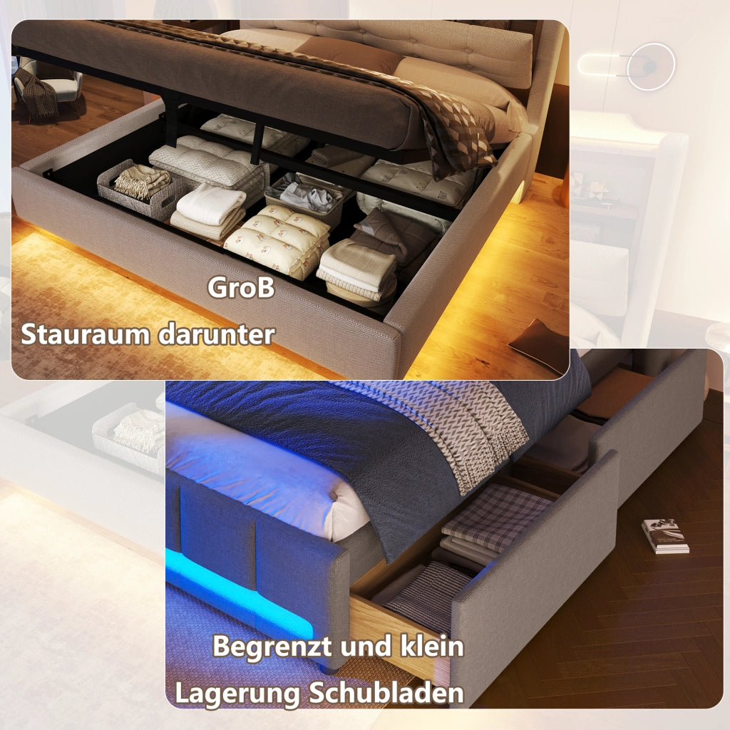 OKWISH Letto Contenitore 140×200 cm, Letto Matrimoniale con LED Regolabile, USB, Tipo C e Vano Idraulico, senza Materasso, in Lino Beige
