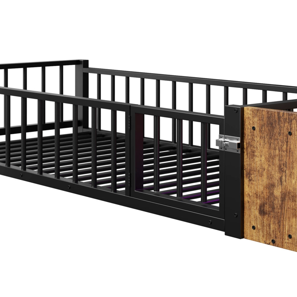 Letto 90x200 cm con sponda; vano portaoggetti e LED in metallo e MDF
