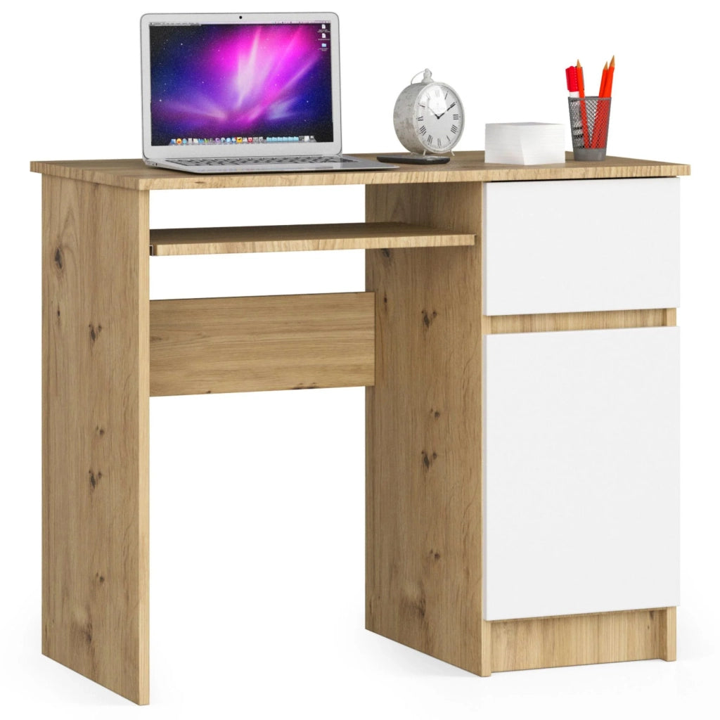 Scrivania per computer AKORD PIKSEL Quercia Artisan 90 cm 1 anta 1 cassetto inserto frontale Bianco 90x50x77 cm Modello a destra