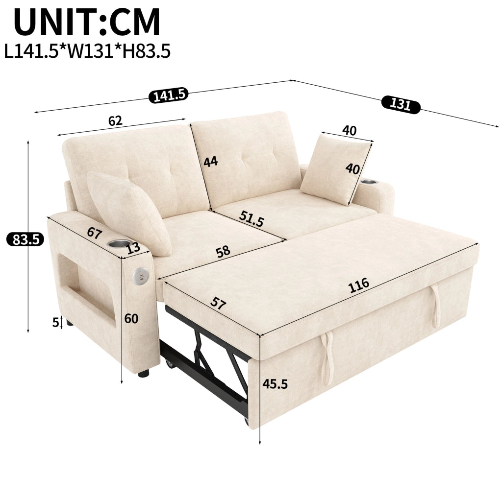 DIVANO LETTO 2 posti estraibile 141,5x131x83,5 cm Chenille Beige