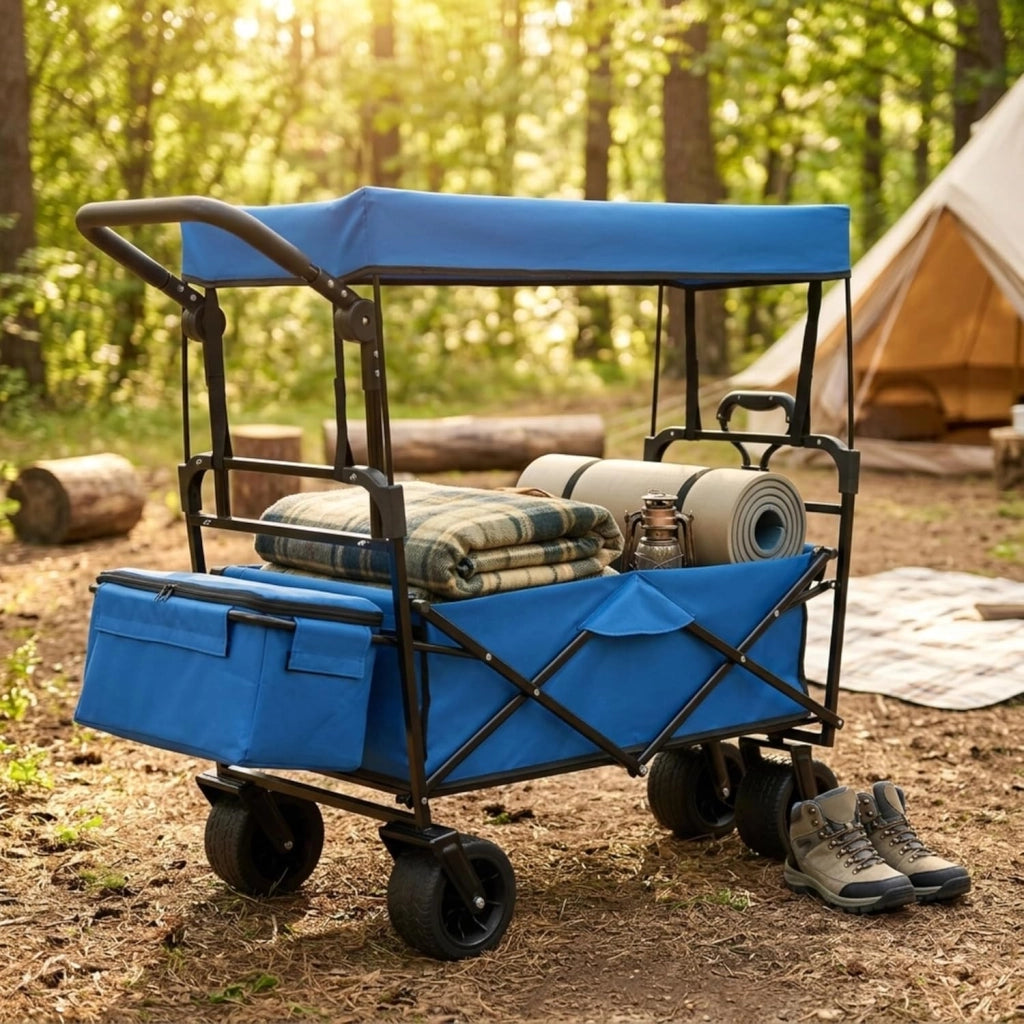 Carrello Spiaggia Pieghevole con Tetto, Carrello da Trasporto con Ruote Grandi e Borsa Portatutto, Carrello da Campeggio e Giardino, in Acciao Resistente, Chiusura Rapida, 100 KG, 100L (Blu)