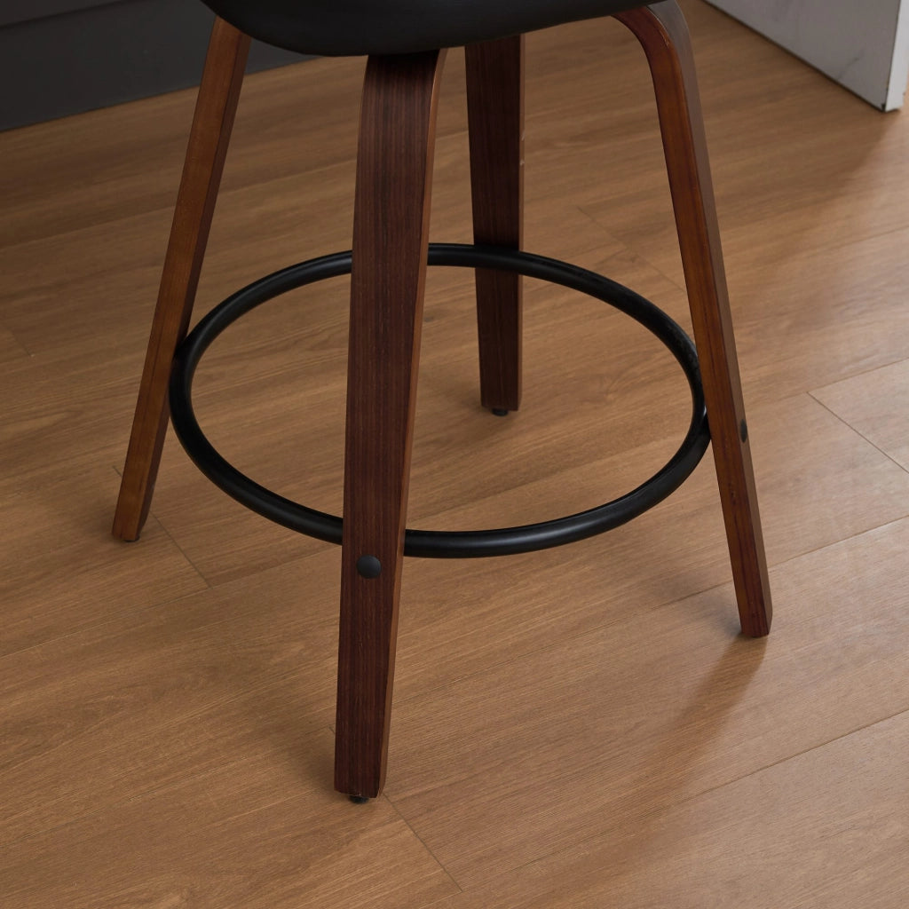 Sgabelli da bar girevoli, 3 pezzi con schienale in rattan, seduta in PU e gambe in legno color noce e nero