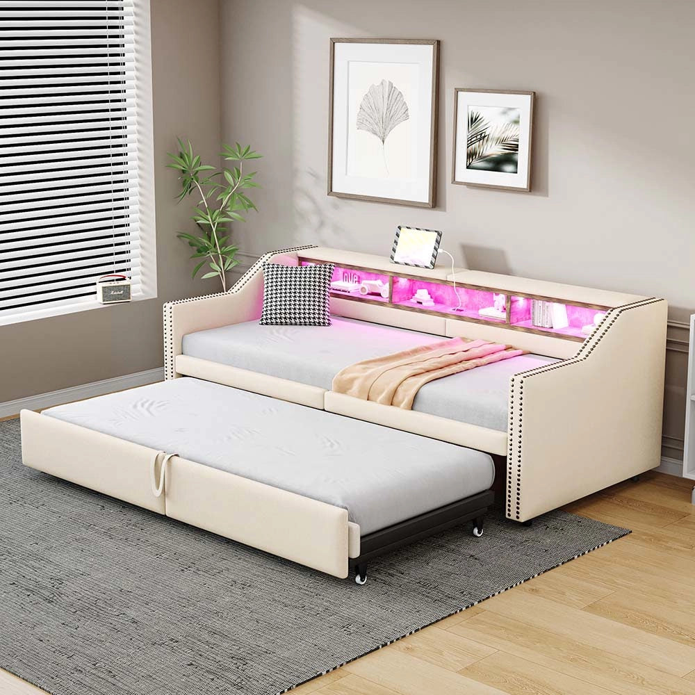 Divano letto - Xylo - 90x200 cm LED USB contenitore beige
