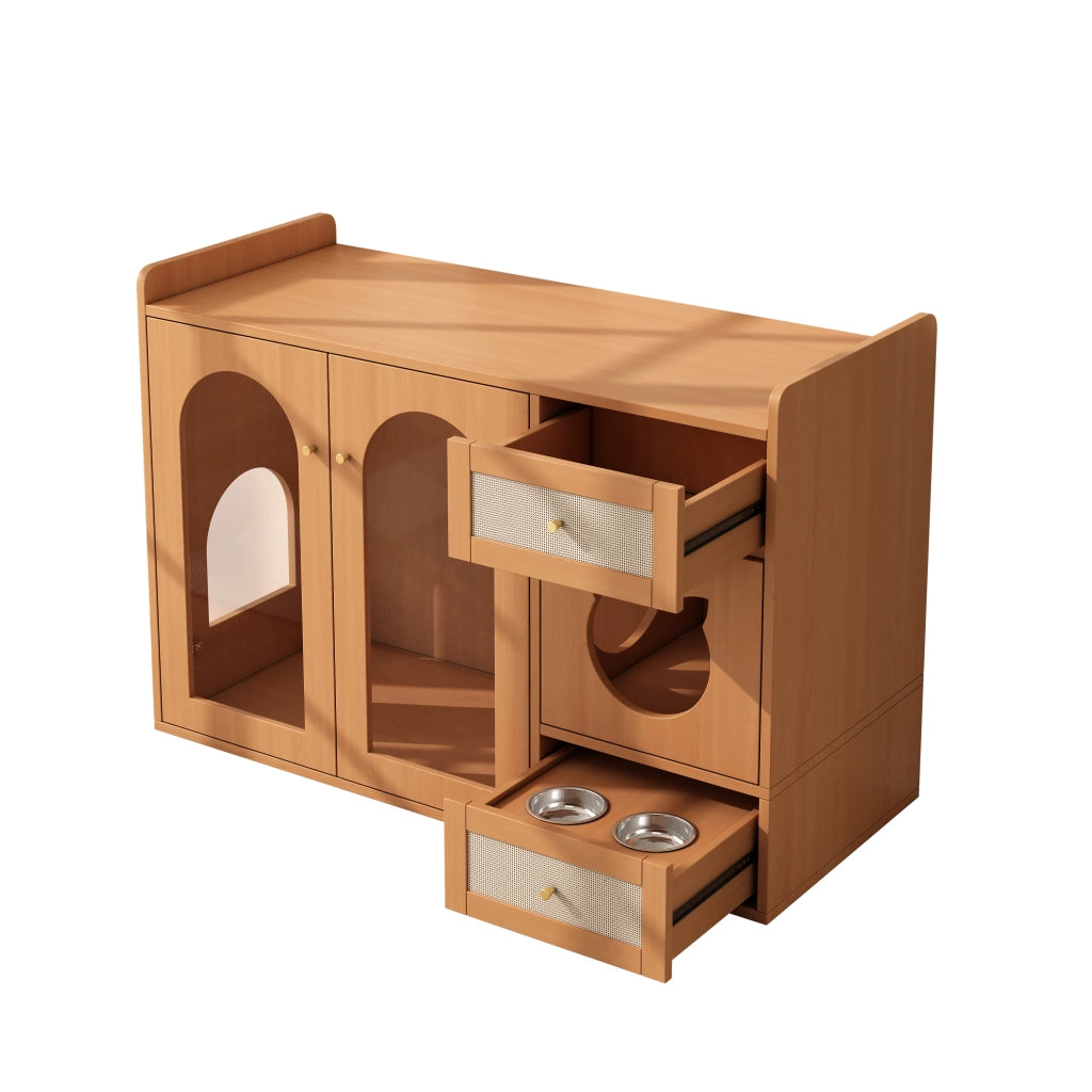 Mobile multifunzione per gatti 5 in 1 con zona lettiera, area riposo, ciotole e vani contenitore, effetto noce, 120x45x83 cm