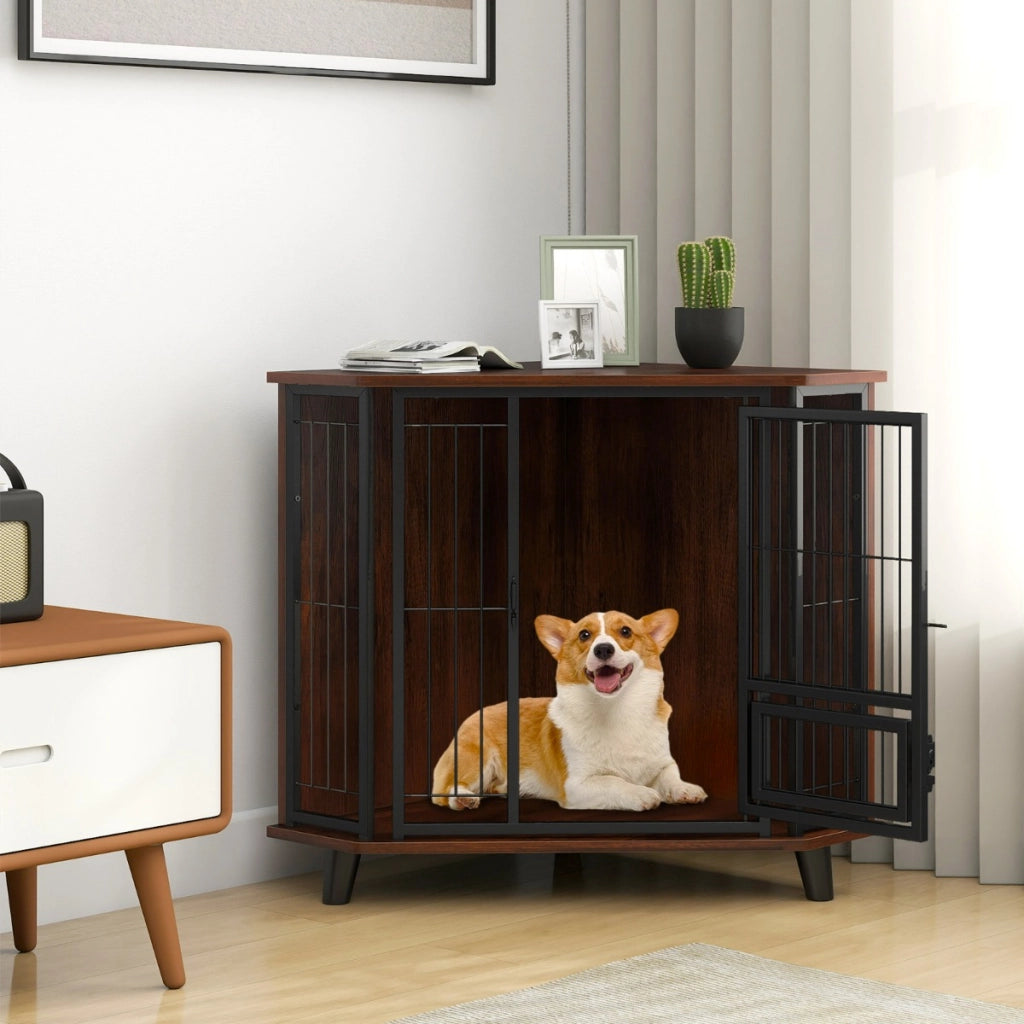 Cuccia per cani angolare con porta serrabile e ampio piano di lavoro, Gabbia salvaspazio con porta di alimentazione-Casette e lettini
