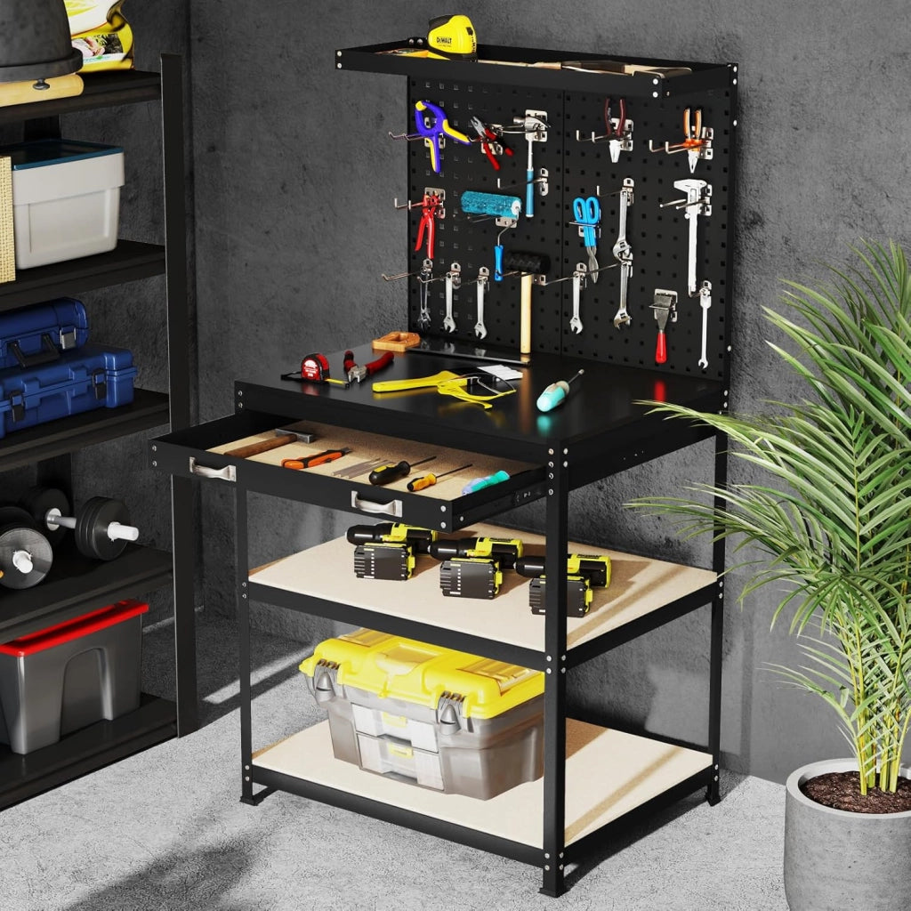 Banco da Lavoro con Piano da 80 x 40 cm, Banco da Lavoro Officina con Pannello Forato e 20 Ganci Porta Attrezzi, Tavolo da Lavoro per Garage con Cassetto e 2 Mensole (Nero)