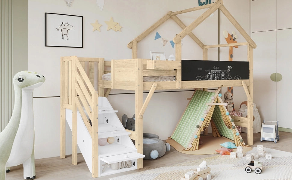 Letto a castello 90x200 - Xylo - Bianco-naturale con barriere e lavagna