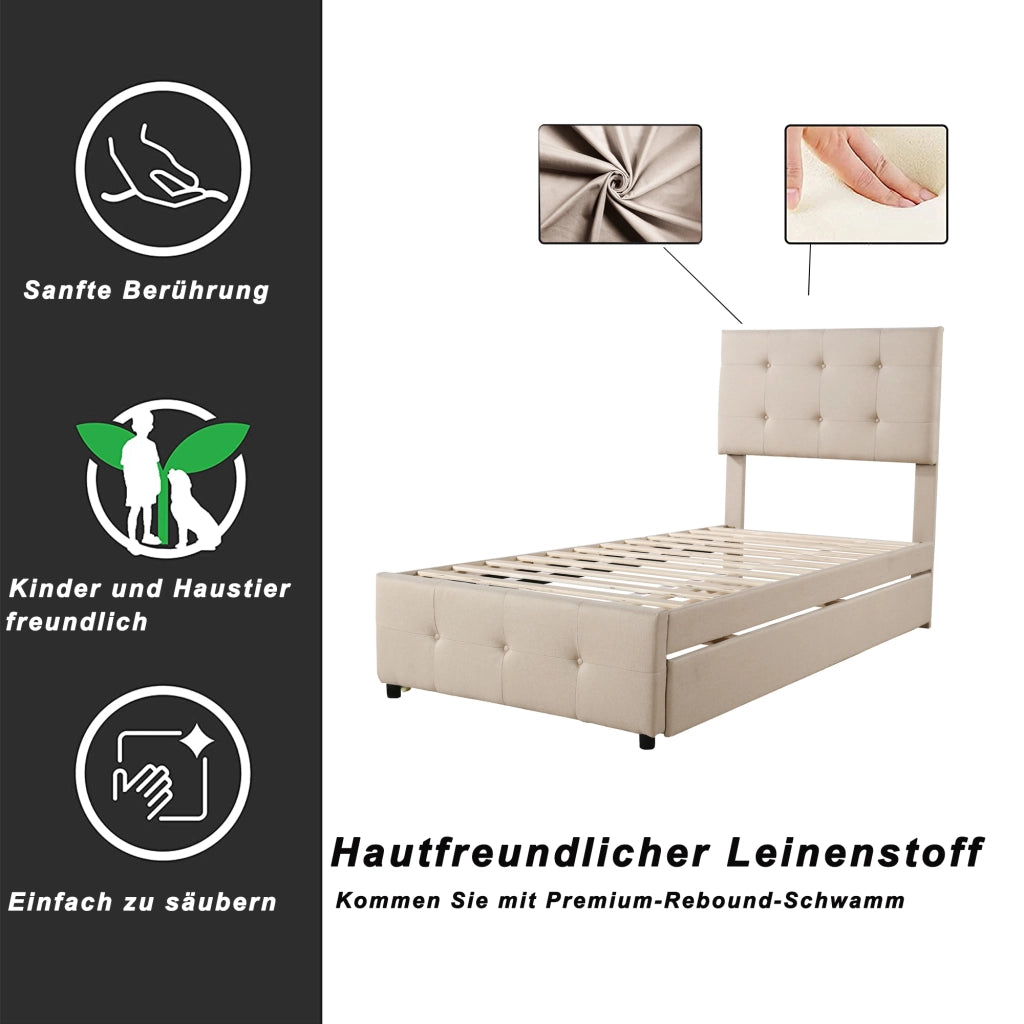 DESMIU Letto estraibile letto singolo 90 × 200 cm 2 posti con testiera regolabile, senza materasso, beige