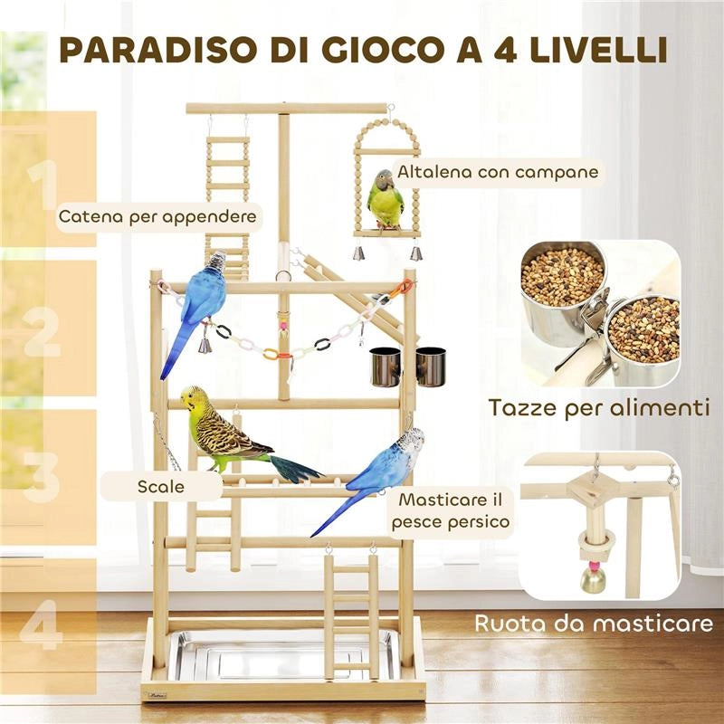 TRESPOLO PER PAPPAGALLI CON GIOCHI, SCALE, CATENE, CIOTOLE, VASSOIO RIMOVIBILE E POSATOI, LEGNO NATURALE