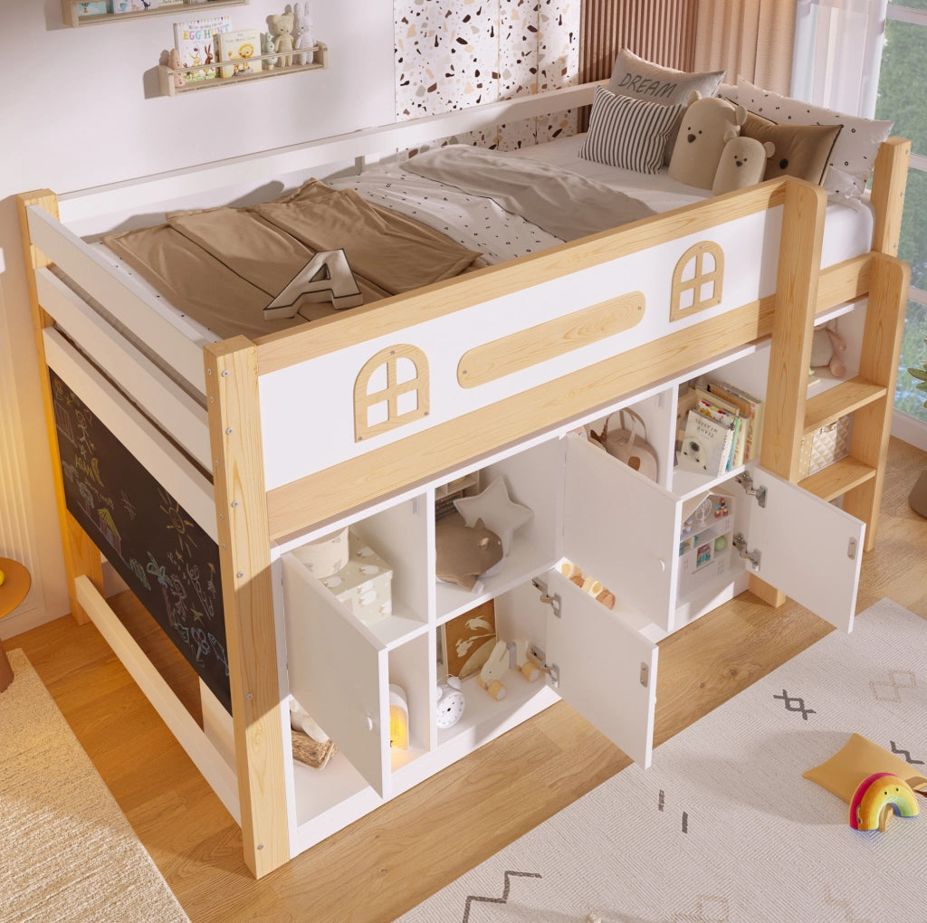 Letto a soppalco 205x94.5x120 cm; con lavagna; scomparti e scala; senza materasso; in pino e MDF; bianco naturale