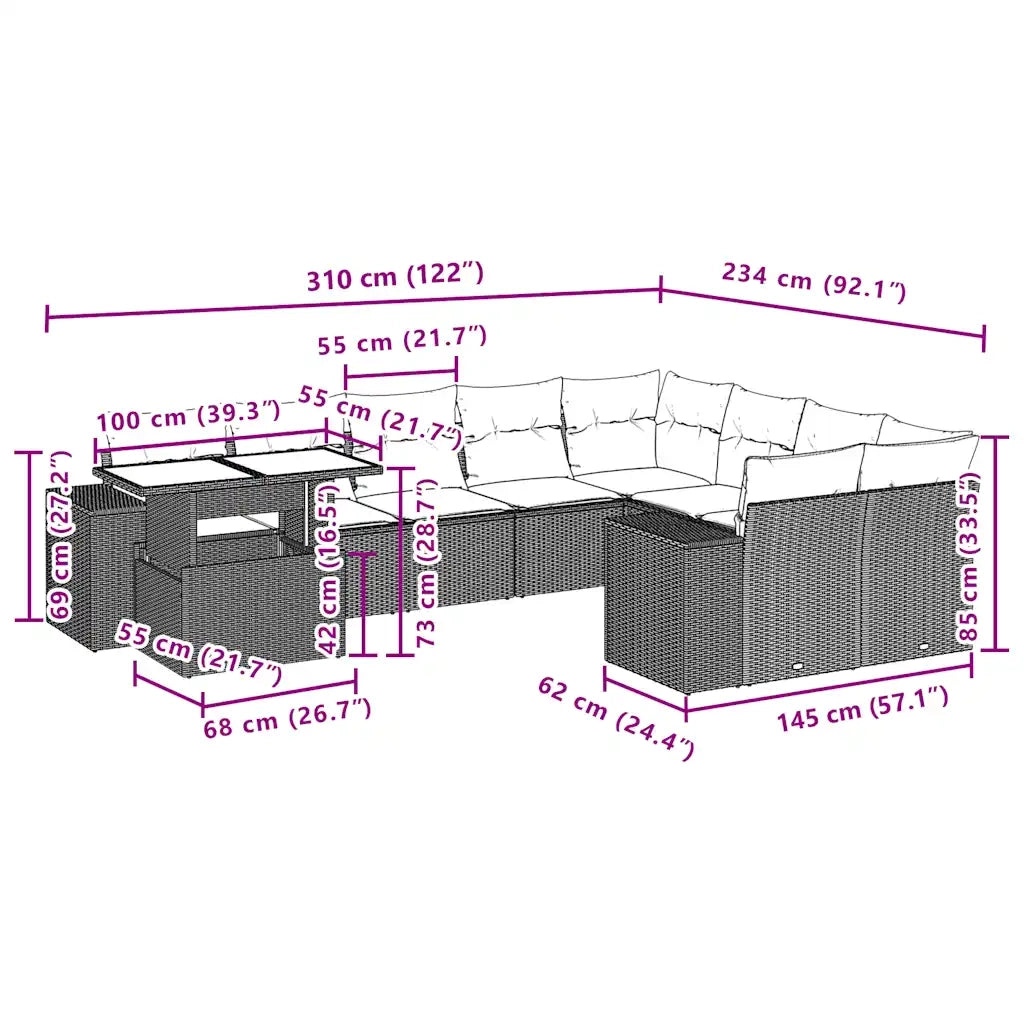 Set Divani da Giardino 10 pz con Cuscini Marrone in Polyrattan 3269404