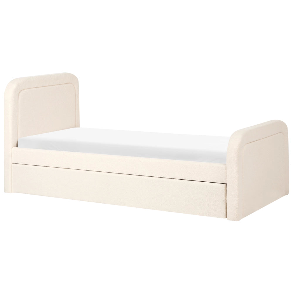 Letto singolo con secondo letto a scomparsa in tessuto Boucle 90 x 200 cm con rete a doghe rivestimento trapuntato beige chiaro camera da letto cameretta