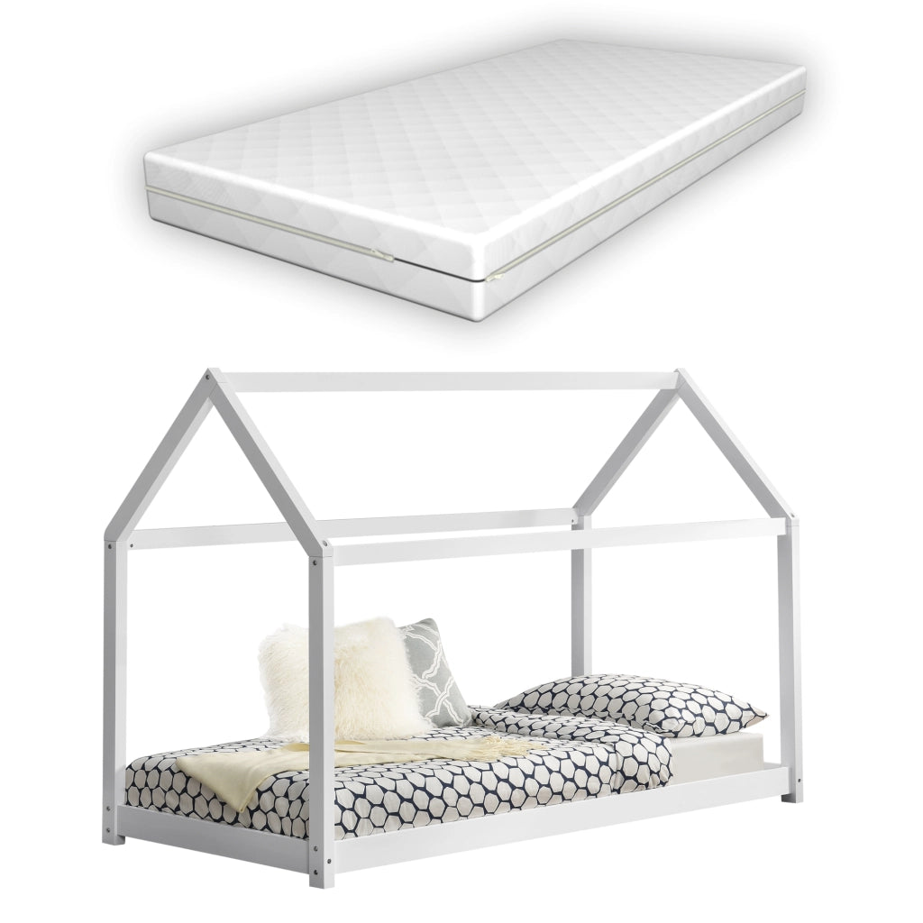 Letto per Bambino a Forma di Casetta con Materasso Ipoallergenico a Schiuma Fredda 80x160 cm Struttura in Legno in Stile Montessori - Bianco