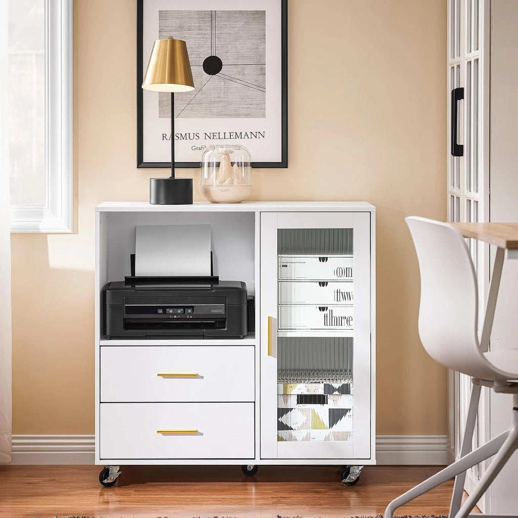 Cassettiera da Ufficio con Ruote, Supporto Stampante, Organizer da Scrivania, Mobiletto Contenitore con 2 Cassetti e 1 Anta in Vetro, Bianco 75x40x76 cm ASK09-W