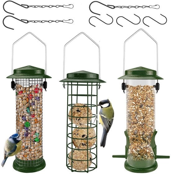 Stazione Alimentare per Uccelli di Alta Qualità - Alimento per Uccelli - Abitacolo per Uccelli - Contenitore per Alimento per Uccelli - Sostegno in Acciaio - Set a 3 pezzi - Alimentatore per Uccelli