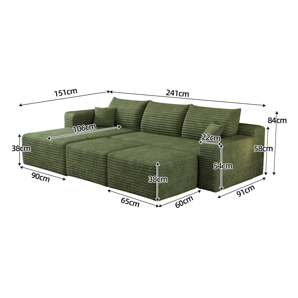 Divano angolare modulare senza montaggio in velluto a coste, seduta profonda e design minimal, verde