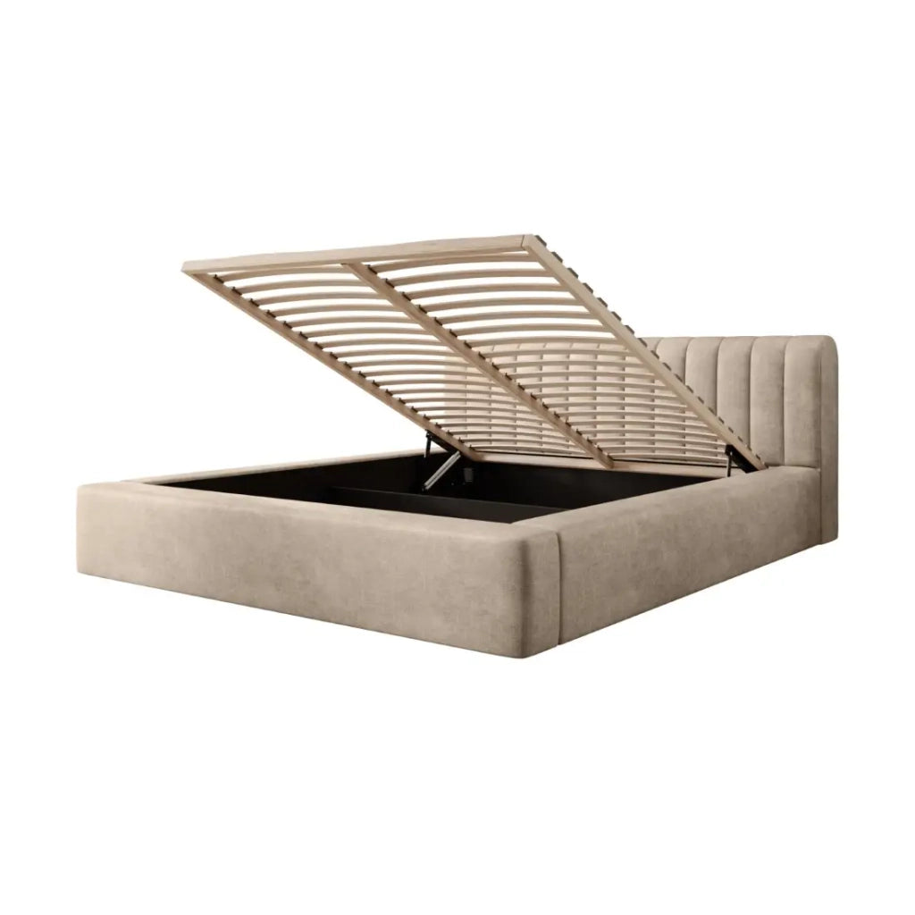 Letto contenitore CERVIN – Velluto morbido Nude Sablé – 180x200 cm – Rete sollevabile – Design elegante