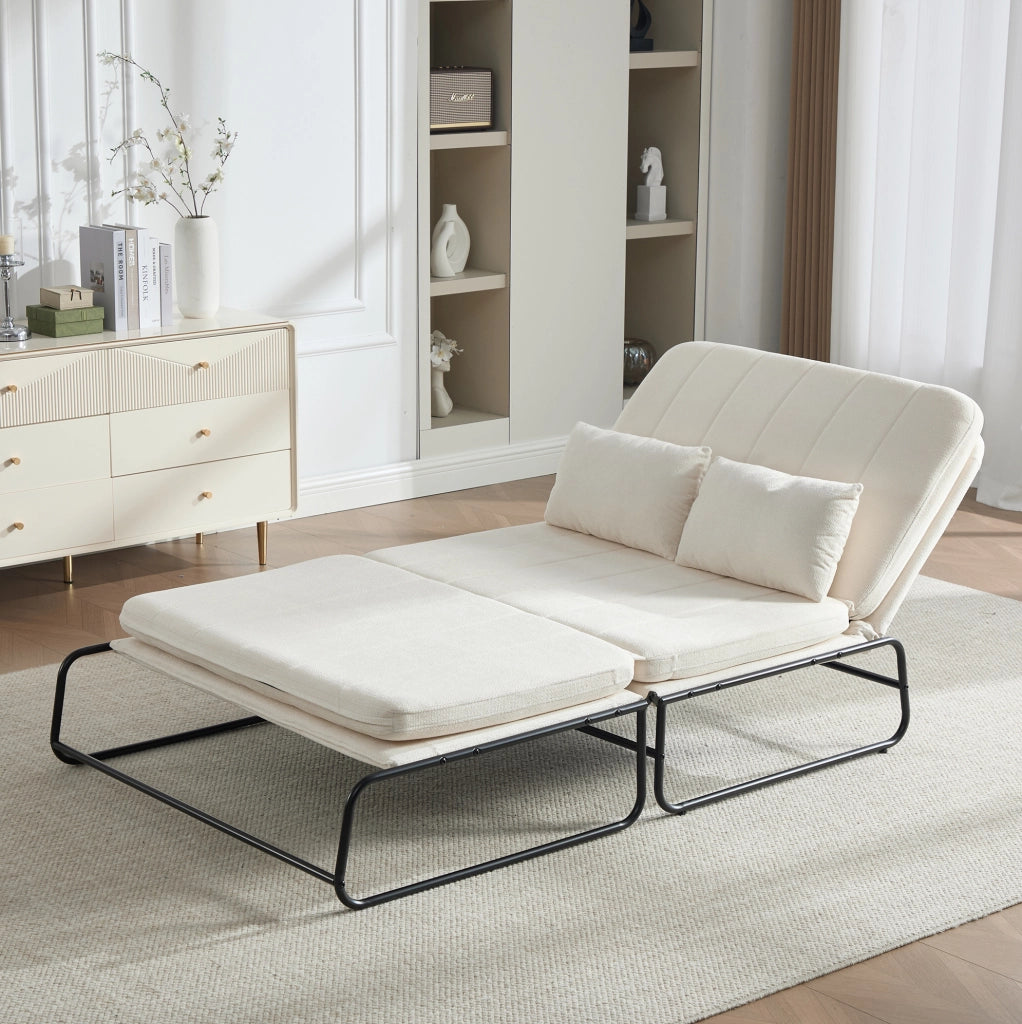 Divano letto 2 posti trasformabile 104x85x92 cm in chenille beige con struttura in metallo