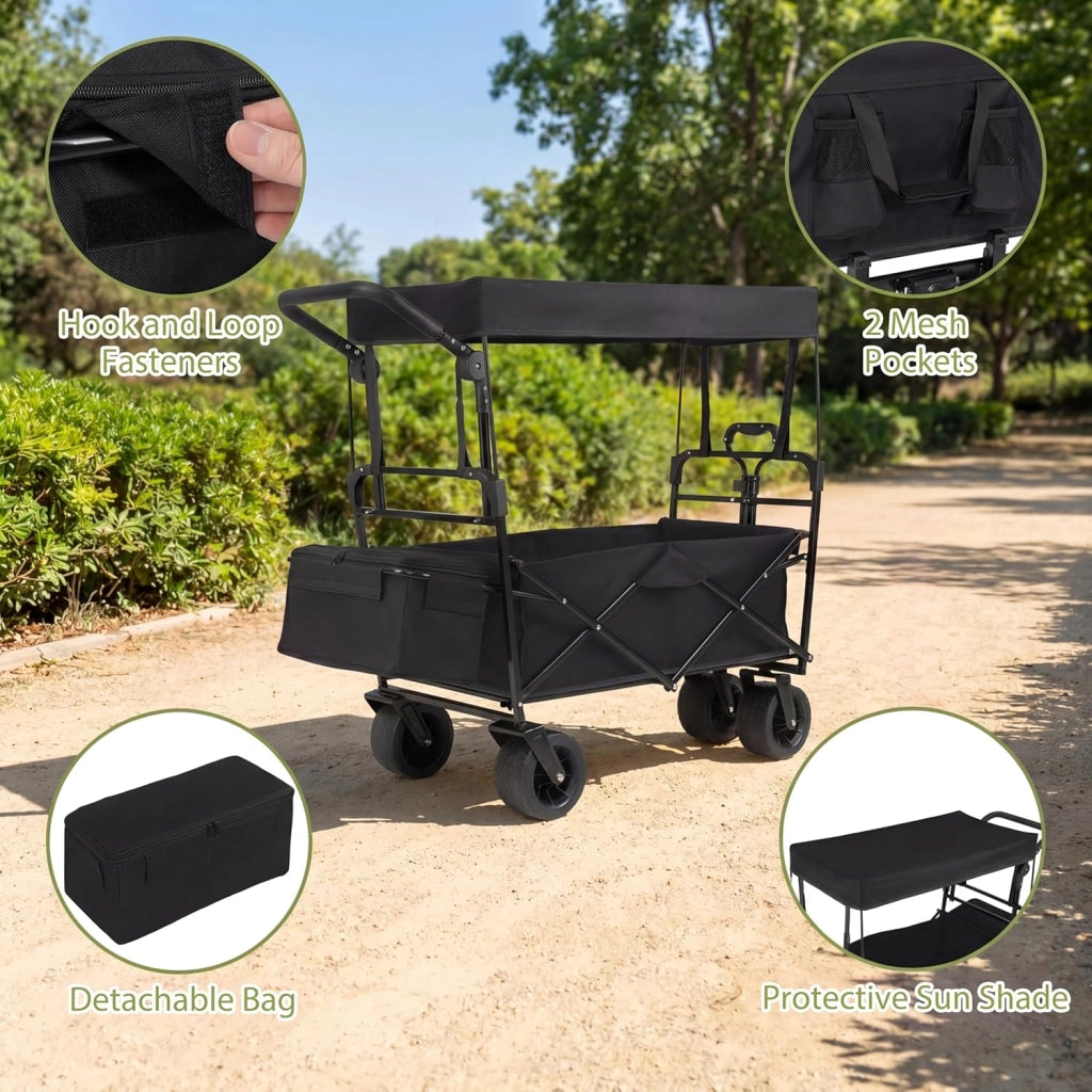 Carrello Spiaggia Pieghevole con Tetto, Carrello da Trasporto con Ruote Grandi e Borsa Portatutto, Carrello da Campeggio e Giardino, in Acciao Resistente, Chiusura Rapida, 100 KG, 100L (Nero)