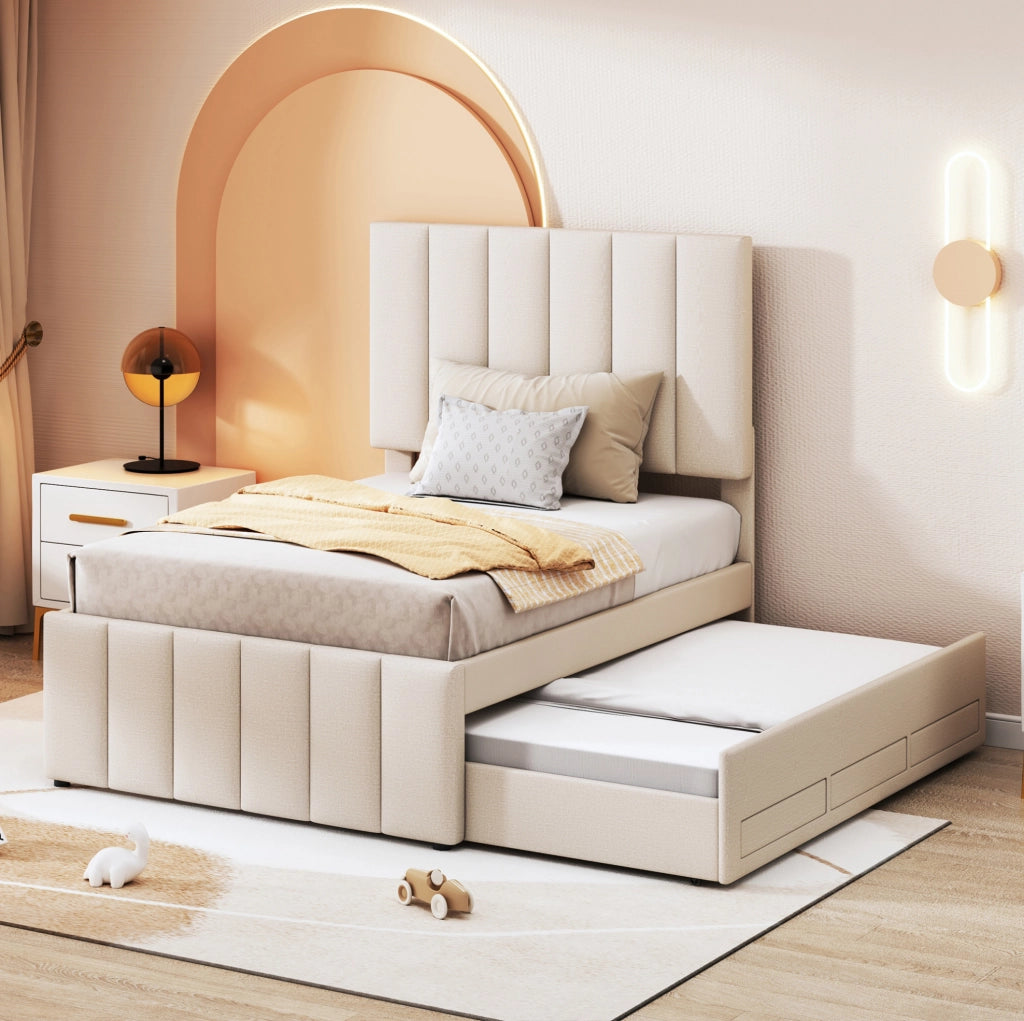 Letto imbottito singolo con letto estraibile e 3 cassetti 90x200 cm; beige