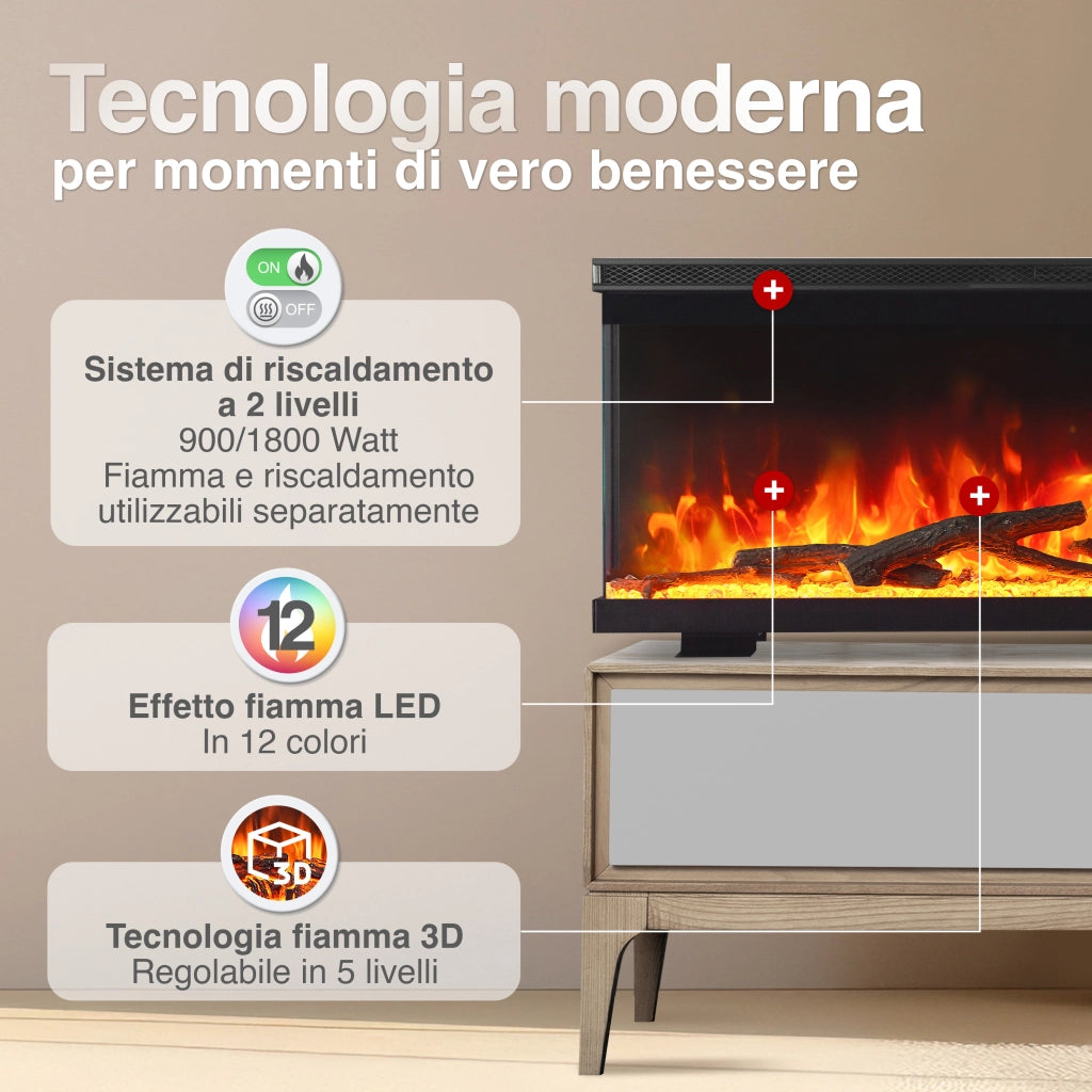 KAMINIO Camino elettrico LEA - Camino 3 in 1 con vista panoramica, riscaldamento, effetto fiamma, 12 colori delle fiamme, telecomando - 60 pollici