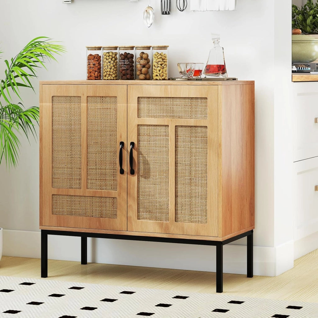 Credenza a buffet da cucina con 2 ante decorate in rattan, mensola regolabile in 3 posizioni, kit antiribaltamento, 80 x 38 x 81 cm, mobile per sala da pranzo, soggiorno (naturale)