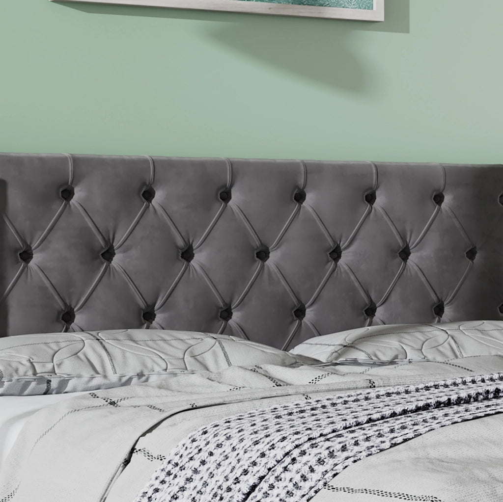 Letto matrimoniale imbottito Chesterfield con contenitore 140x190 cm in velluto grigio